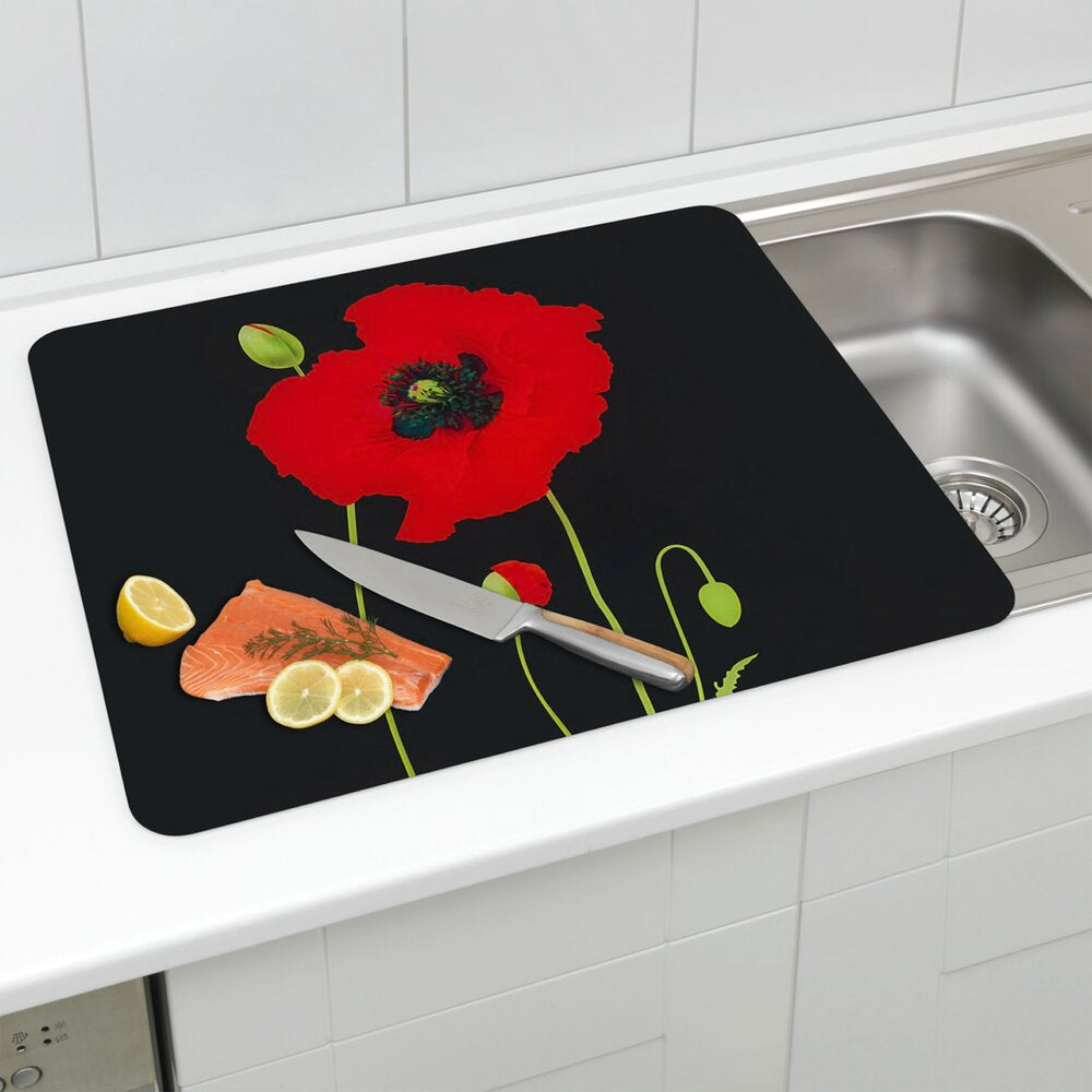 Multiplate glass 56×50 cm valmuedesign sprut-/skjærebeskyttelse i moderne kjøkkenmiljø