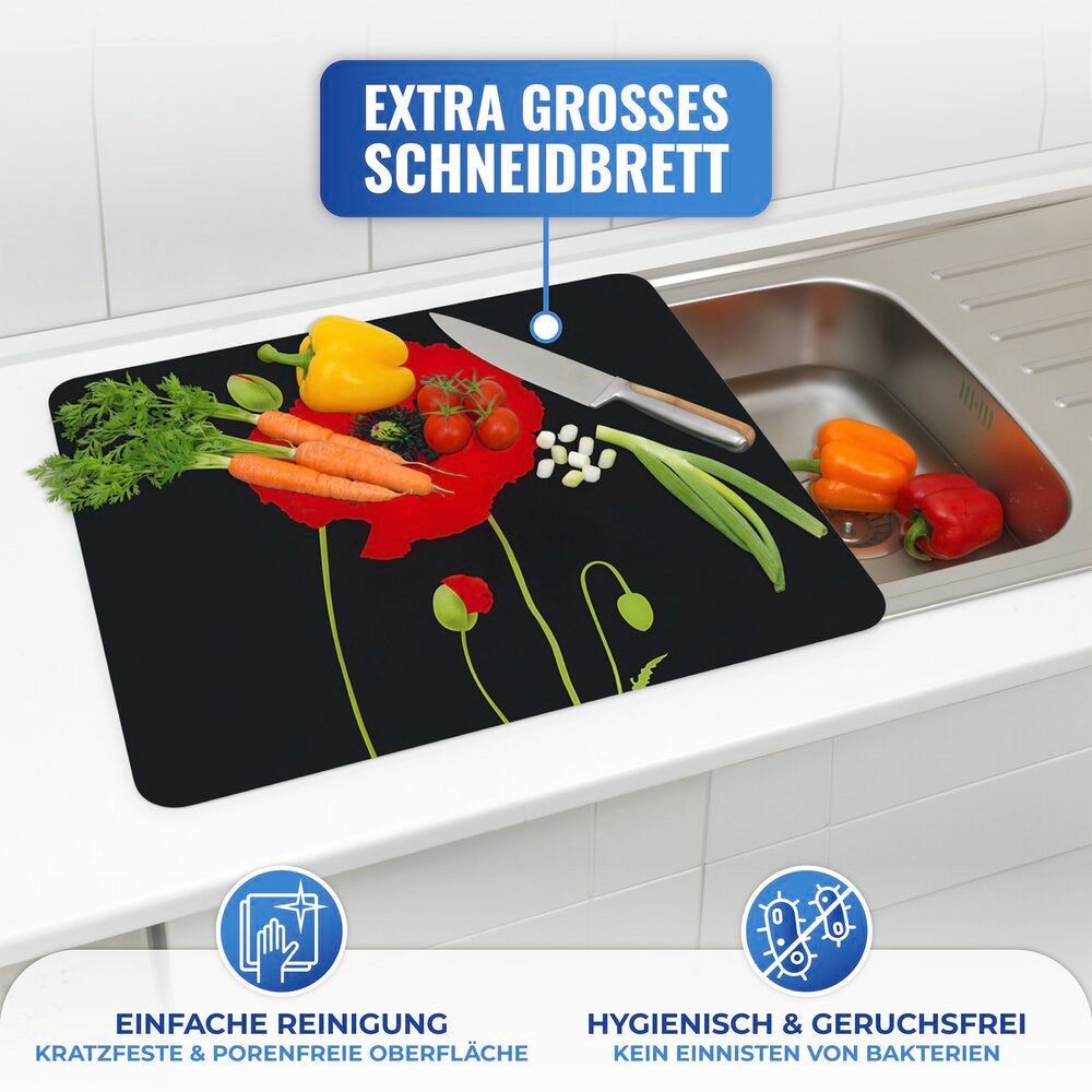 Multiplate glass 56×50 cm valmuedesign sprut-/skjærebeskyttelse sett fra siden