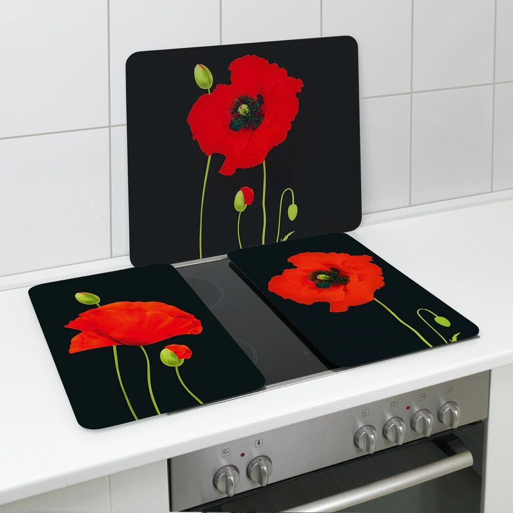 Multiplate glass 56×50 cm valmuedesign sprut-/skjærebeskyttelse med kjøkkenredskaper i bakgrunnen
