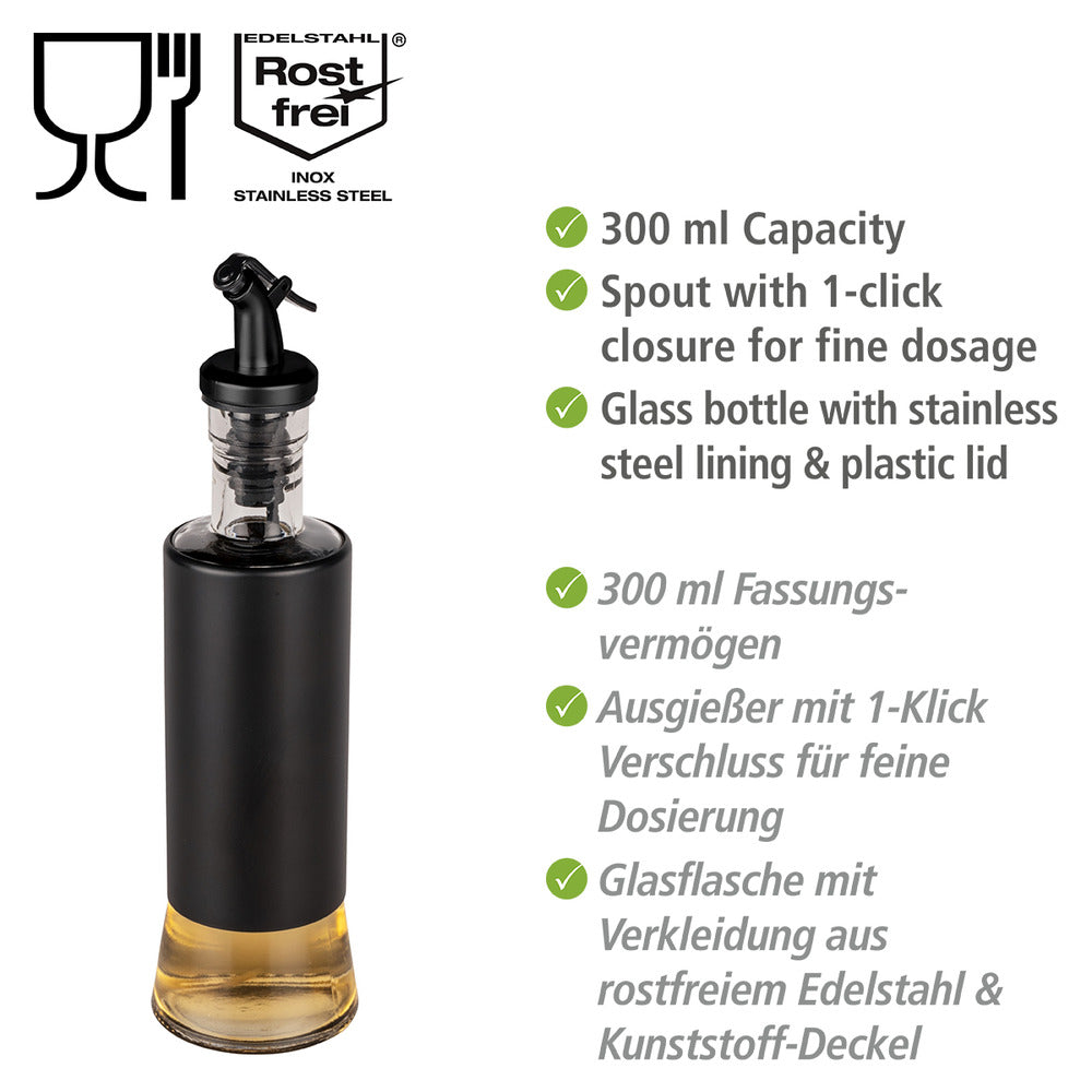 Olje- og eddikflaske glass 0,3 L svart med doseringslokk bakside