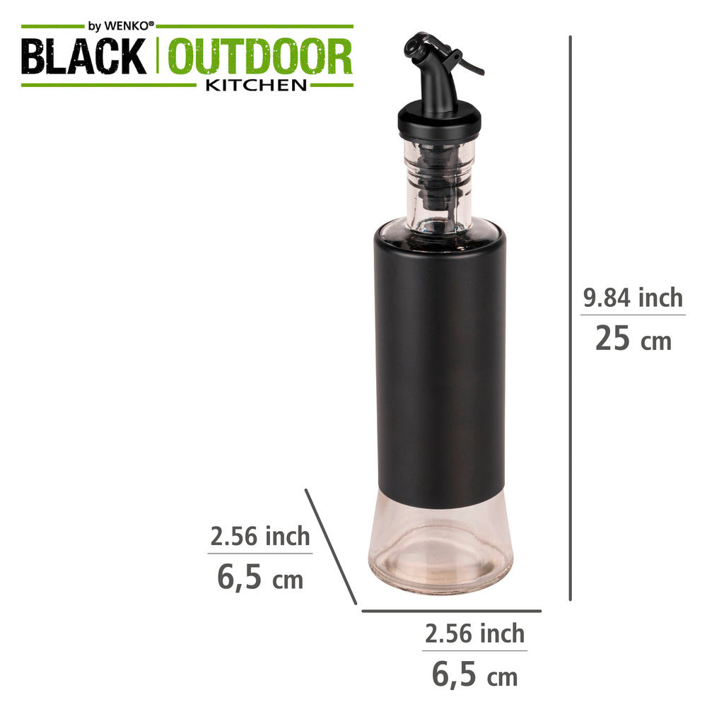 Olje- og eddikflaske glass 0,3 L svart med doseringslokk detalj av lokk