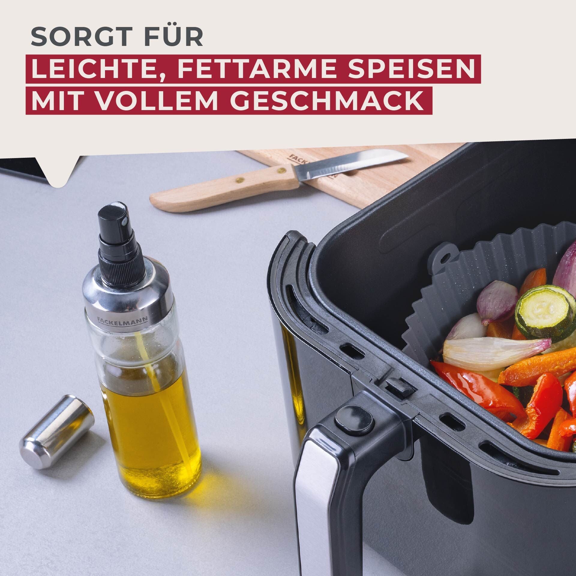 Oljesprayer glass 200 ml for airfryer og matlaging - Fackelmann i bruk på kjøkken