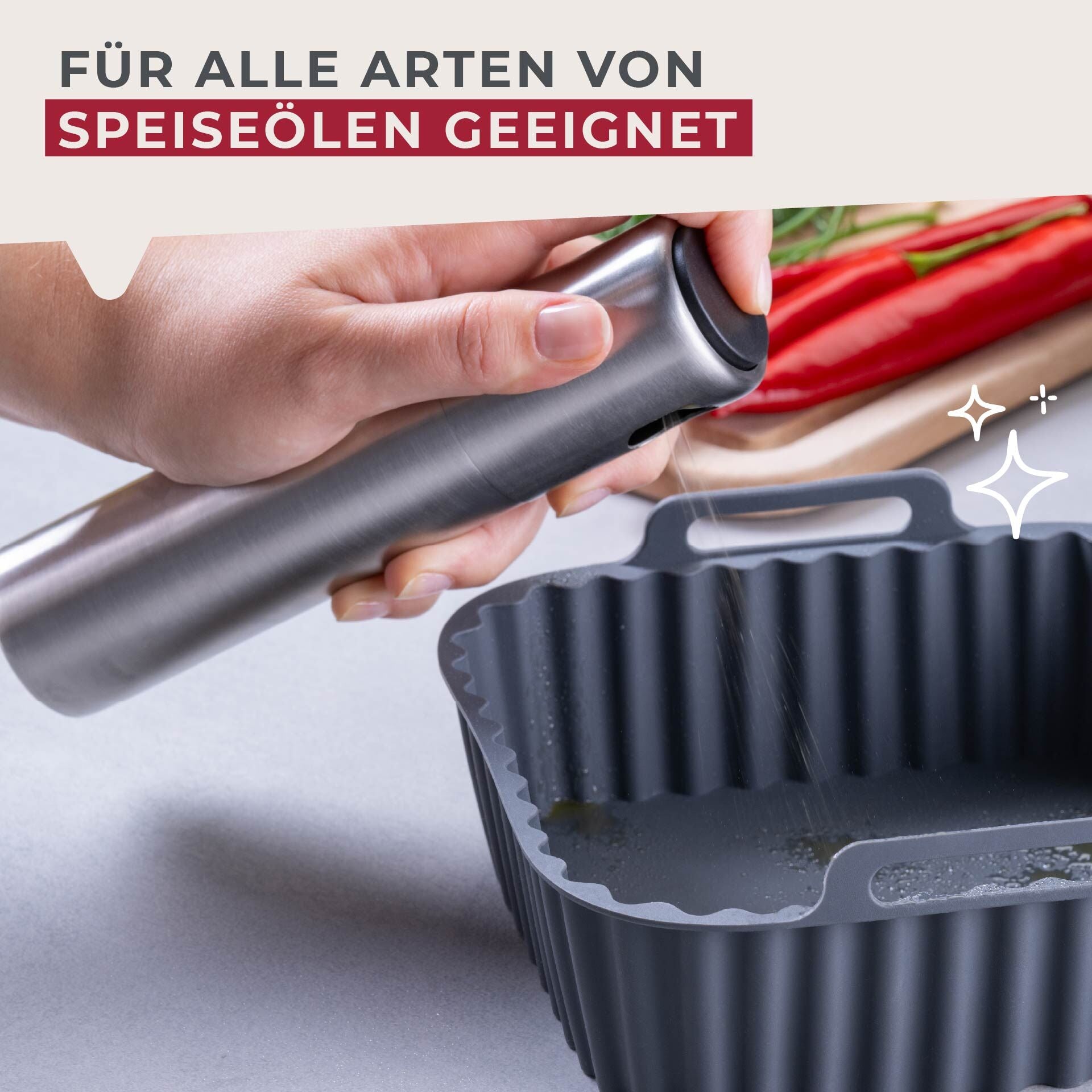 Oljesprayer rustfritt stål 100 ml for airfryer og matlaging - Fackelmann i bruk