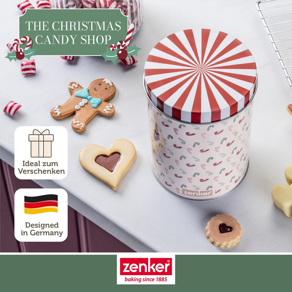 Nærbilde av julemotivene på Oppbevaringsboks blikk Ø11 cm The Christmas Candy Shop - Zenker