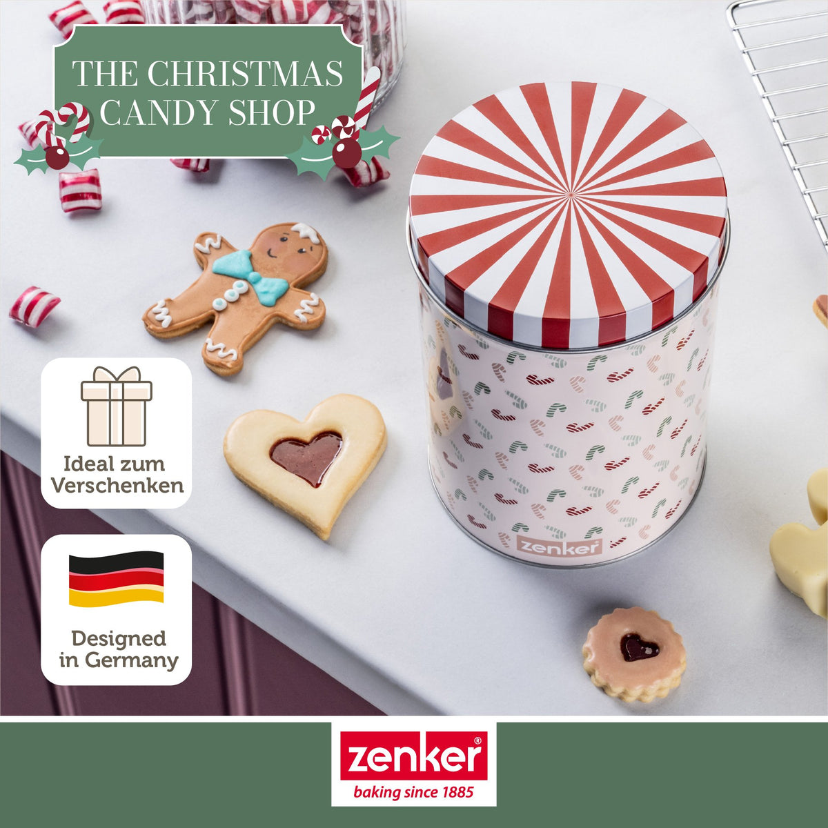 Nærbilde av julemotivene på Oppbevaringsboks blikk Ø11 cm The Christmas Candy Shop - Zenker