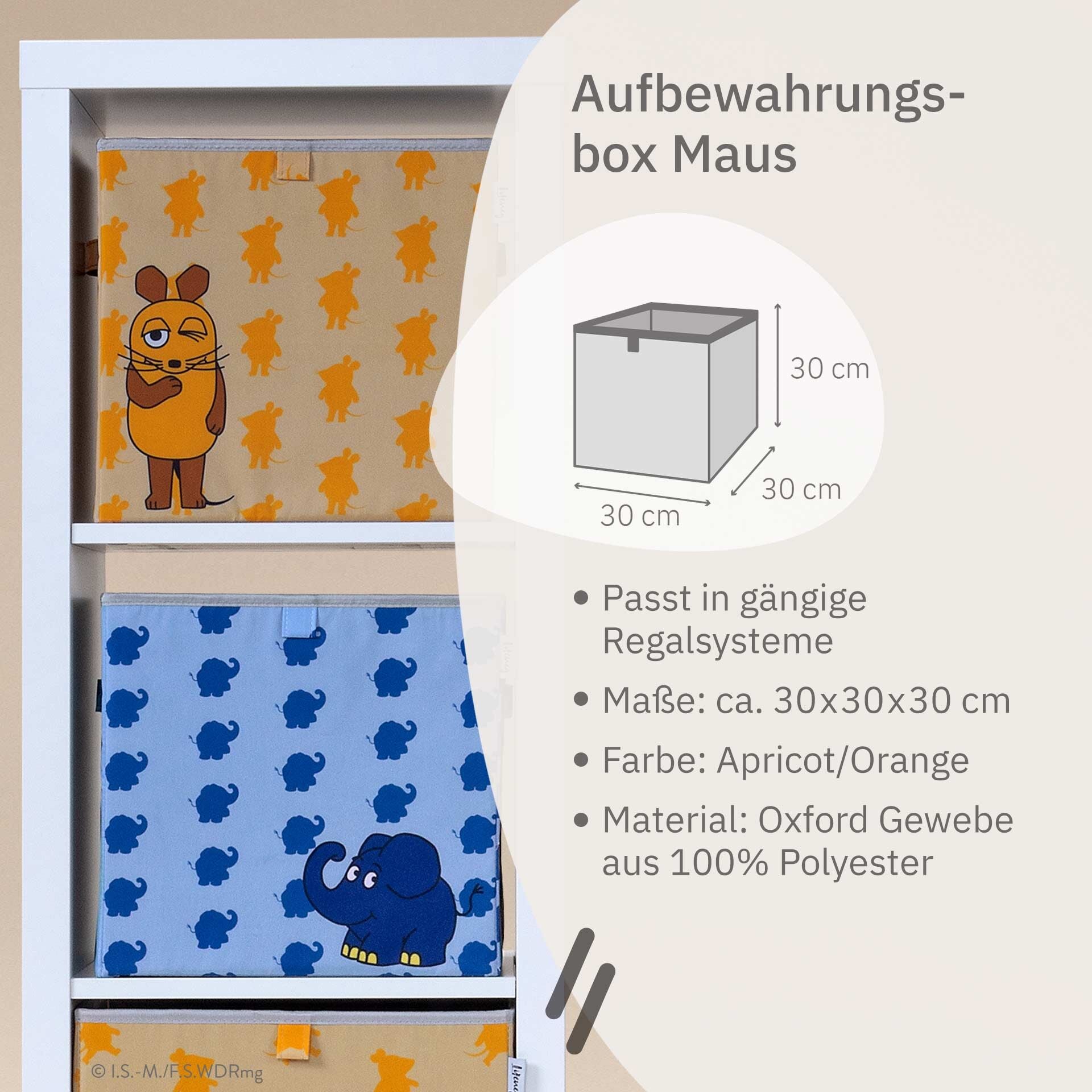 Nærbilde av motiv på Oppbevaringsboks DieMaus aprikot med lokk 30x30x30 cm