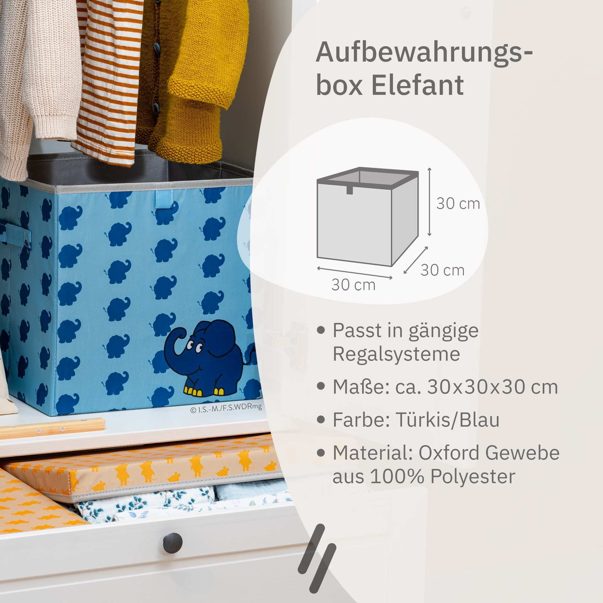 Oppbevaringsboks DieMaus elefant blå 30x30x30 cm montert i barnerom
