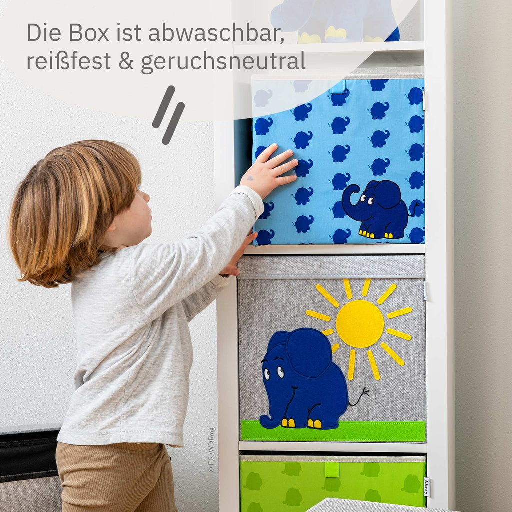 Nærbilde av bæregripene på Oppbevaringsboks DieMaus elefant blå 30x30x30 cm