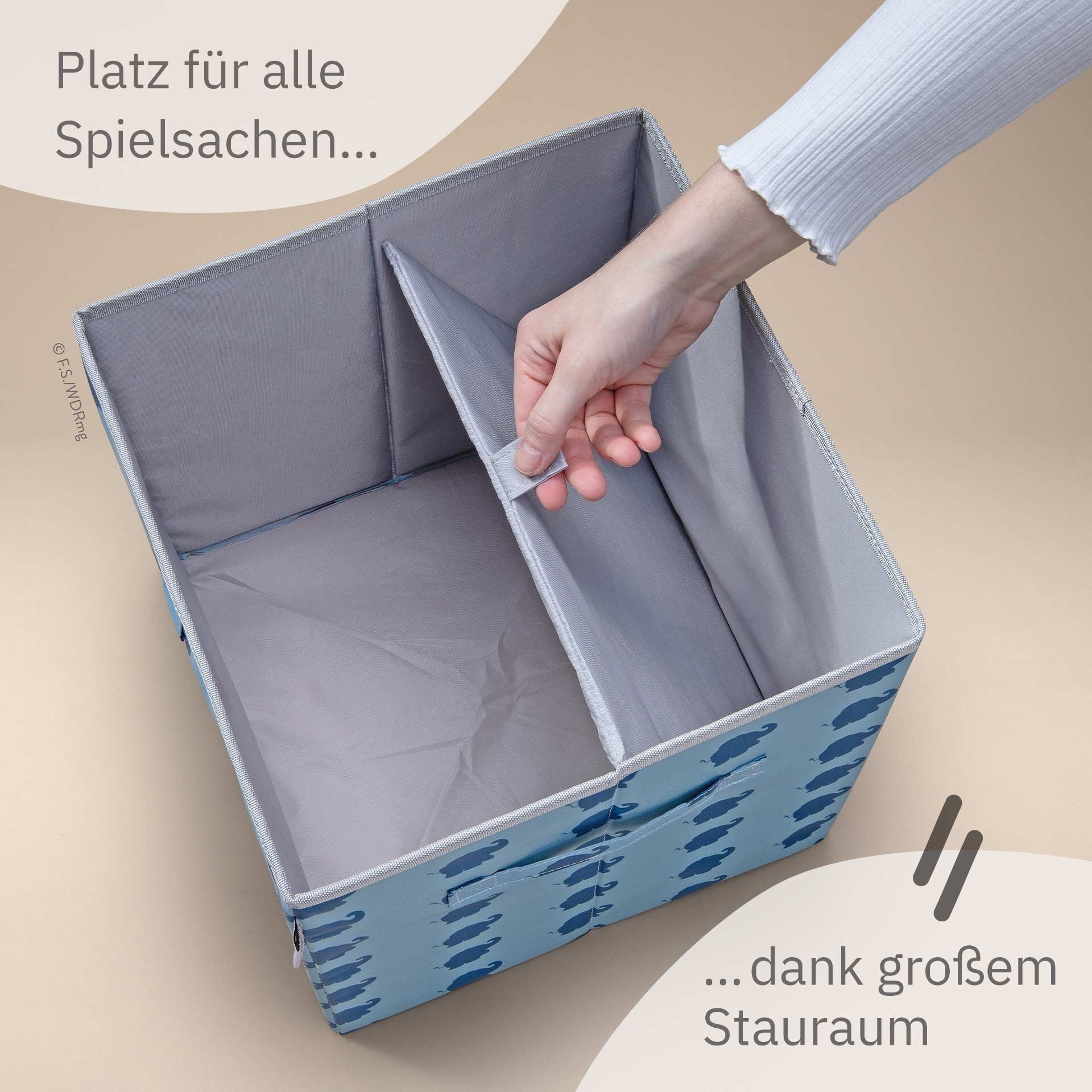 Oppbevaringsboks DieMaus elefant blå 30x30x30 cm åpnet med lokk