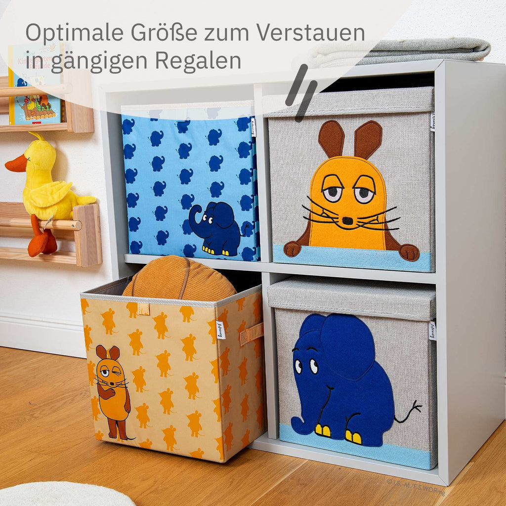 Oppbevaringsboks DieMaus elefant blå 30x30x30 cm stablet med andre bokser
