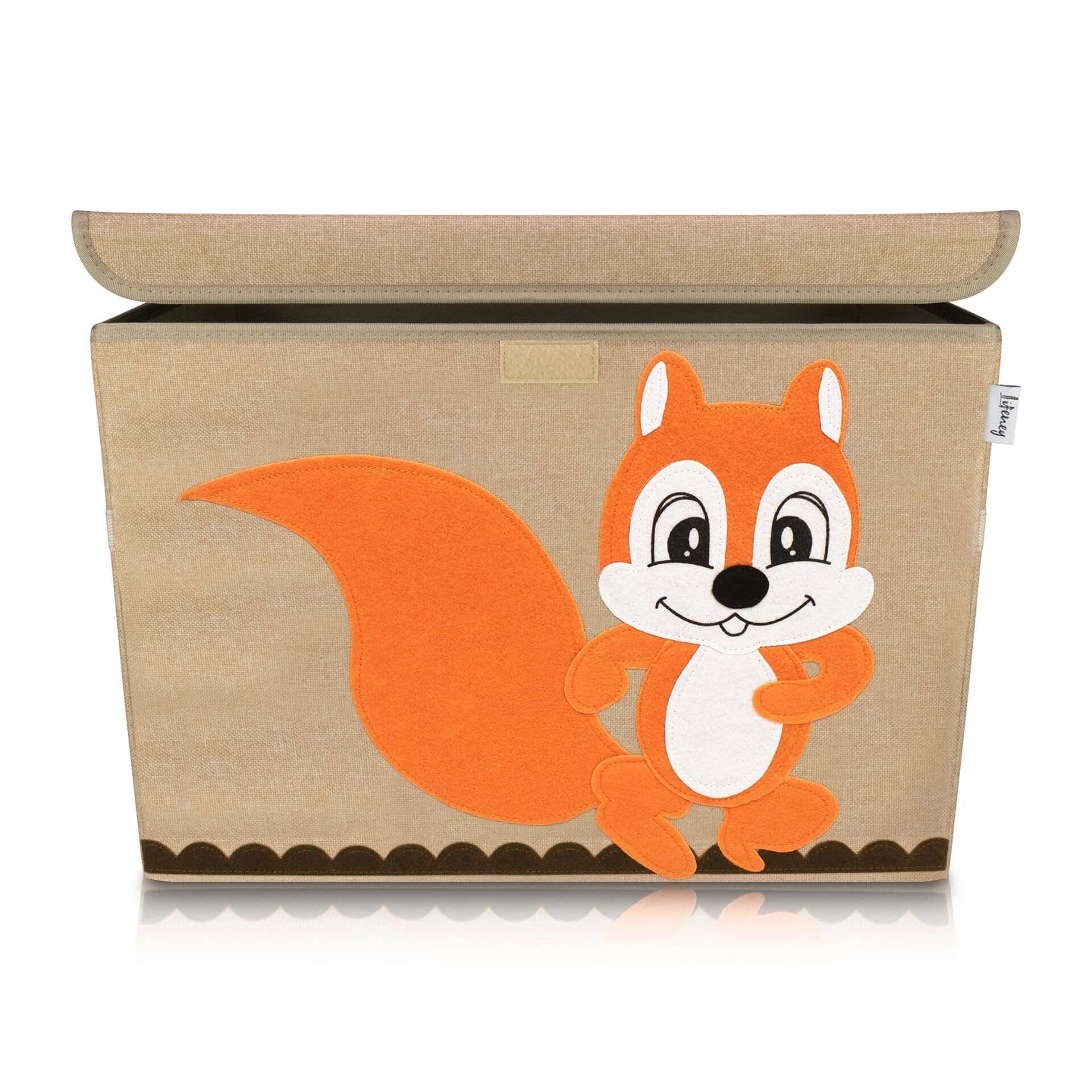 Oppbevaringsboks med lokk ekornmotiv brun 51x36x36 cm forfra