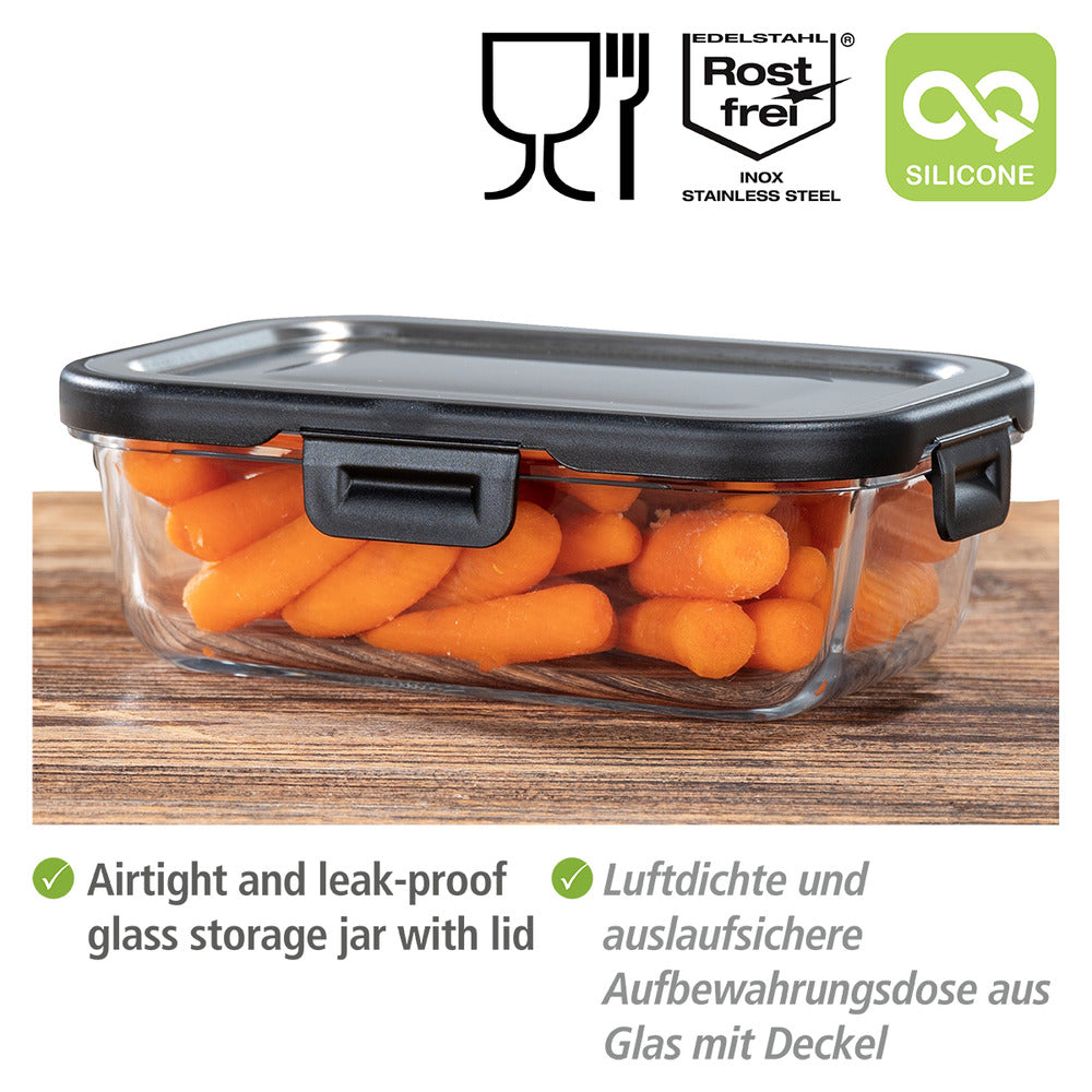 Oppbevaringsboks glass 0,6 L med lokk rustfritt stål bakside