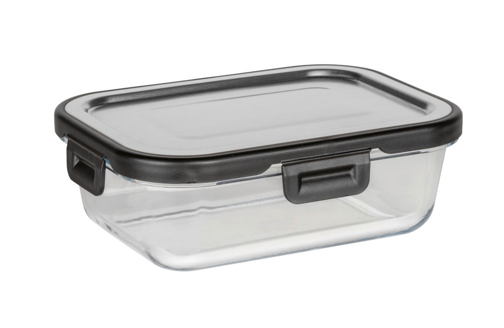 Oppbevaringsboks glass 0,6 L med lokk rustfritt stål front