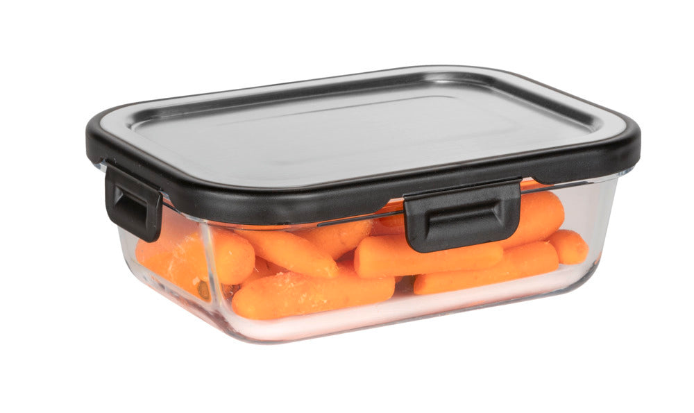 Oppbevaringsboks glass 0,6 L med lokk rustfritt stål med innhold
