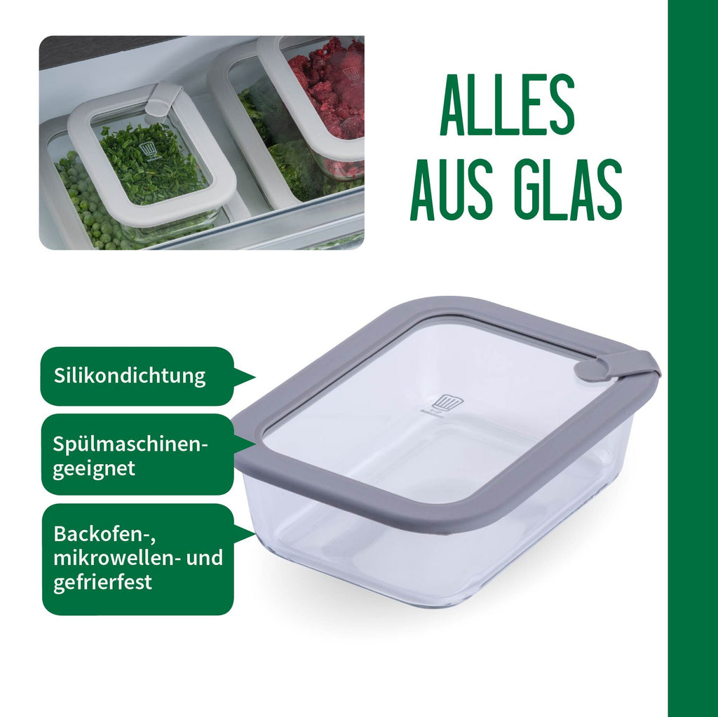 Oppbevaringsboks glass firkantet med ventil 1050 ml montert i kjøkken