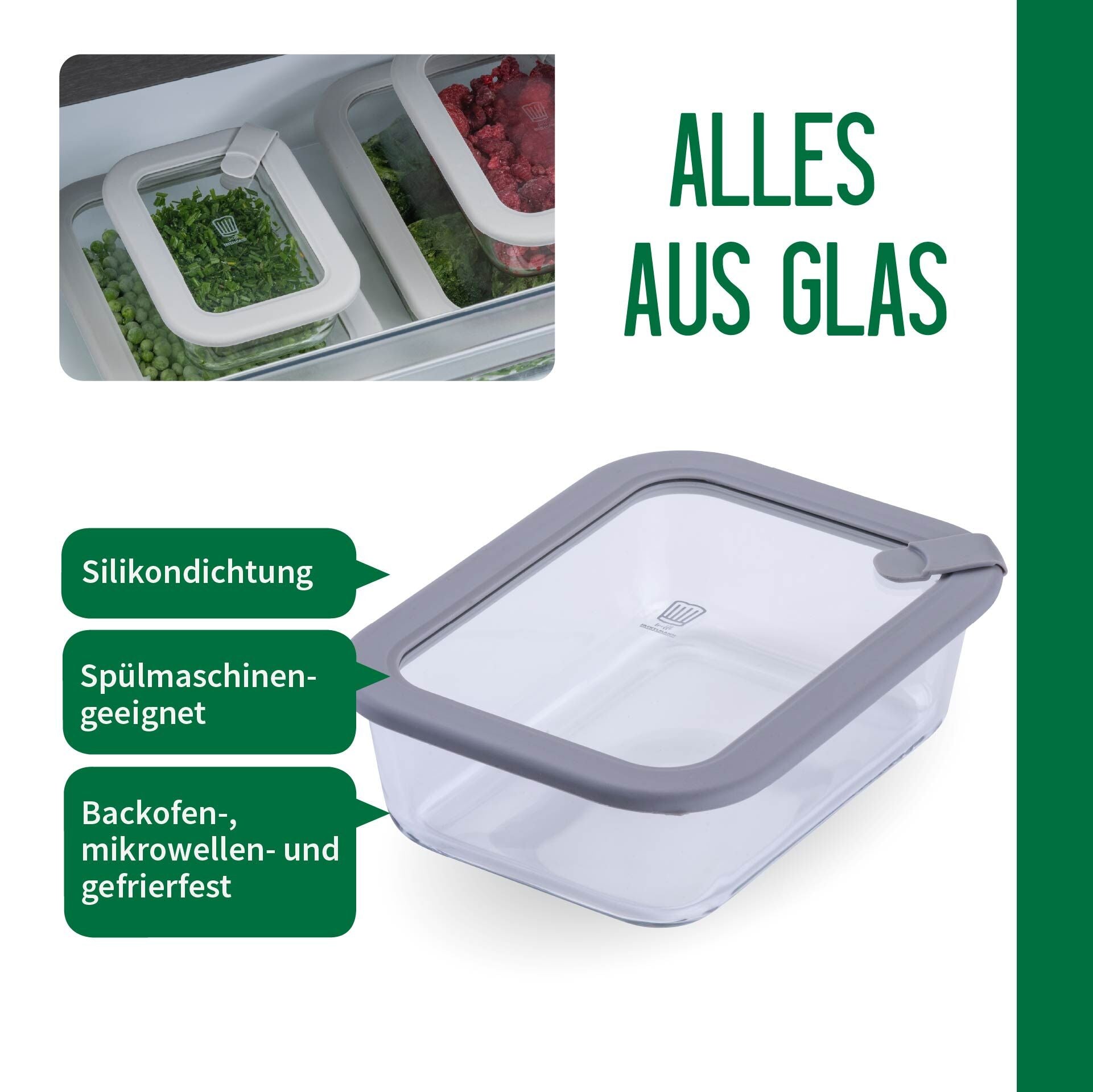 Oppbevaringsboks glass firkantet med ventil 1050 ml montert i kjøkken