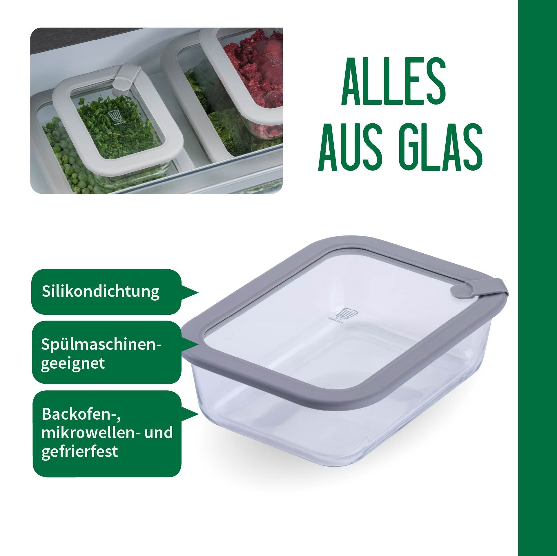 Oppbevaringsboks glass rektangulær 1520 ml med lokk montert i kjøkken