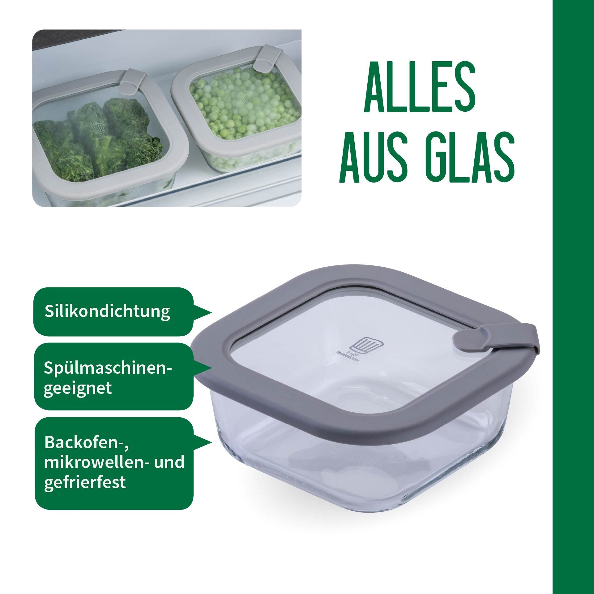 Oppbevaringsboks glass rektangulær 520 ml med lokk - åpen med mat