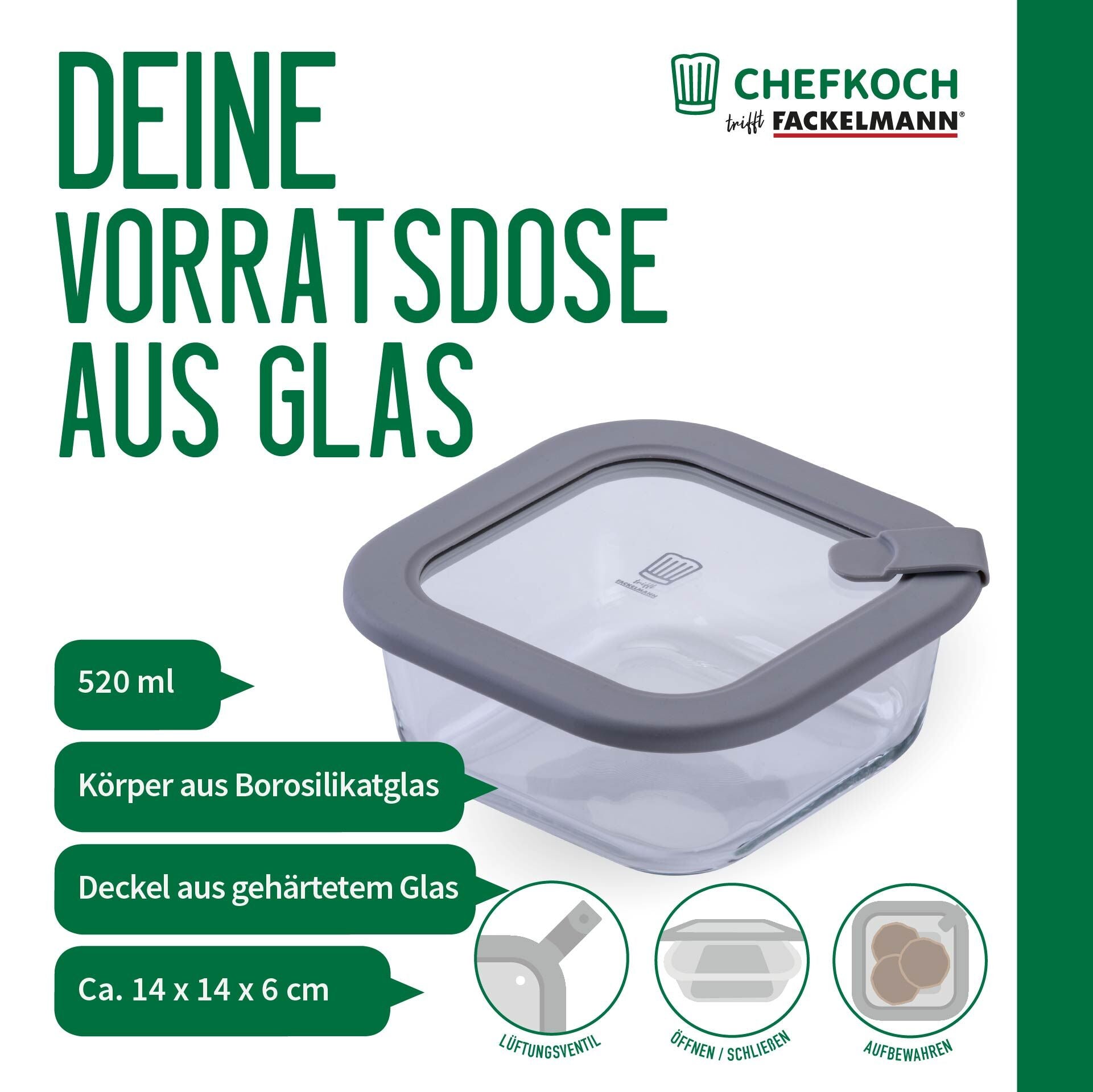 Oppbevaringsboks glass rektangulær 520 ml med lokk - lokk detalj