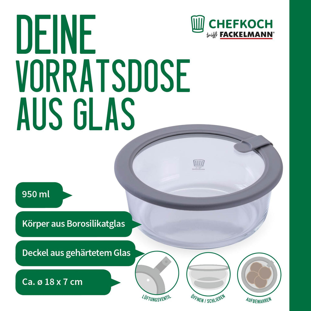 Oppbevaringsboks glass rund 950 ml med lokk montert på kjøkken