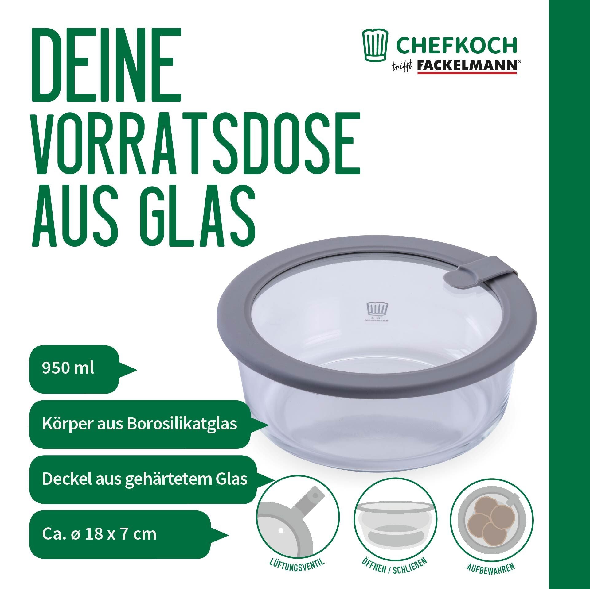 Oppbevaringsboks glass rund 950 ml med lokk montert på kjøkken