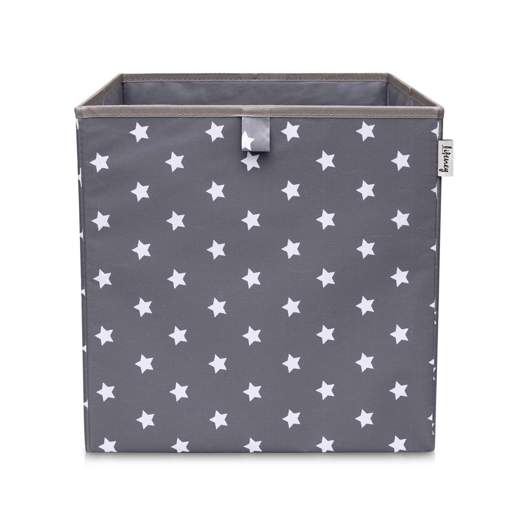 Oppbevaringsboks grå med stjerner 33x33x33 cm polyester - Lifeney forfra
