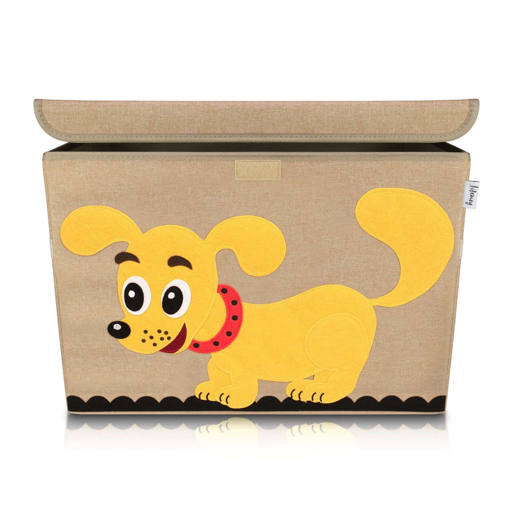 Oppbevaringsboks med lokk hundemotiv brun 51x36x36 cm forfra
