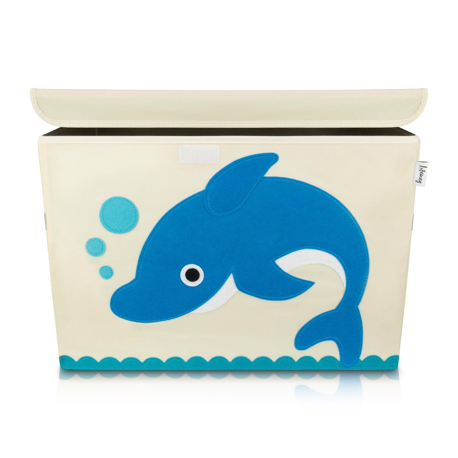 Oppbevaringsboks med lokk delfinmotiv beige forfra