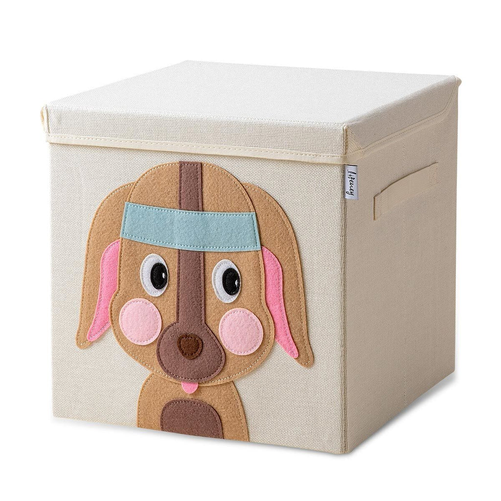Oppbevaringsboks med lokk hundemotiv beige 33x33x33 cm forfra
