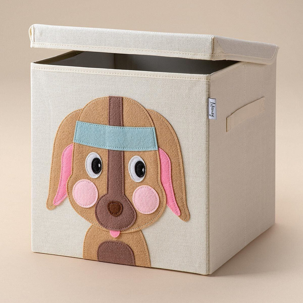Oppbevaringsboks med lokk hundemotiv beige 33x33x33 cm bakside