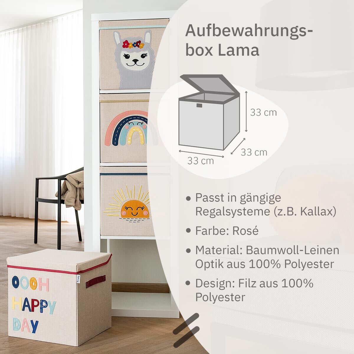 Oppbevaringsboks med lokk lamamotiv 33x33x33 cm sideprofil