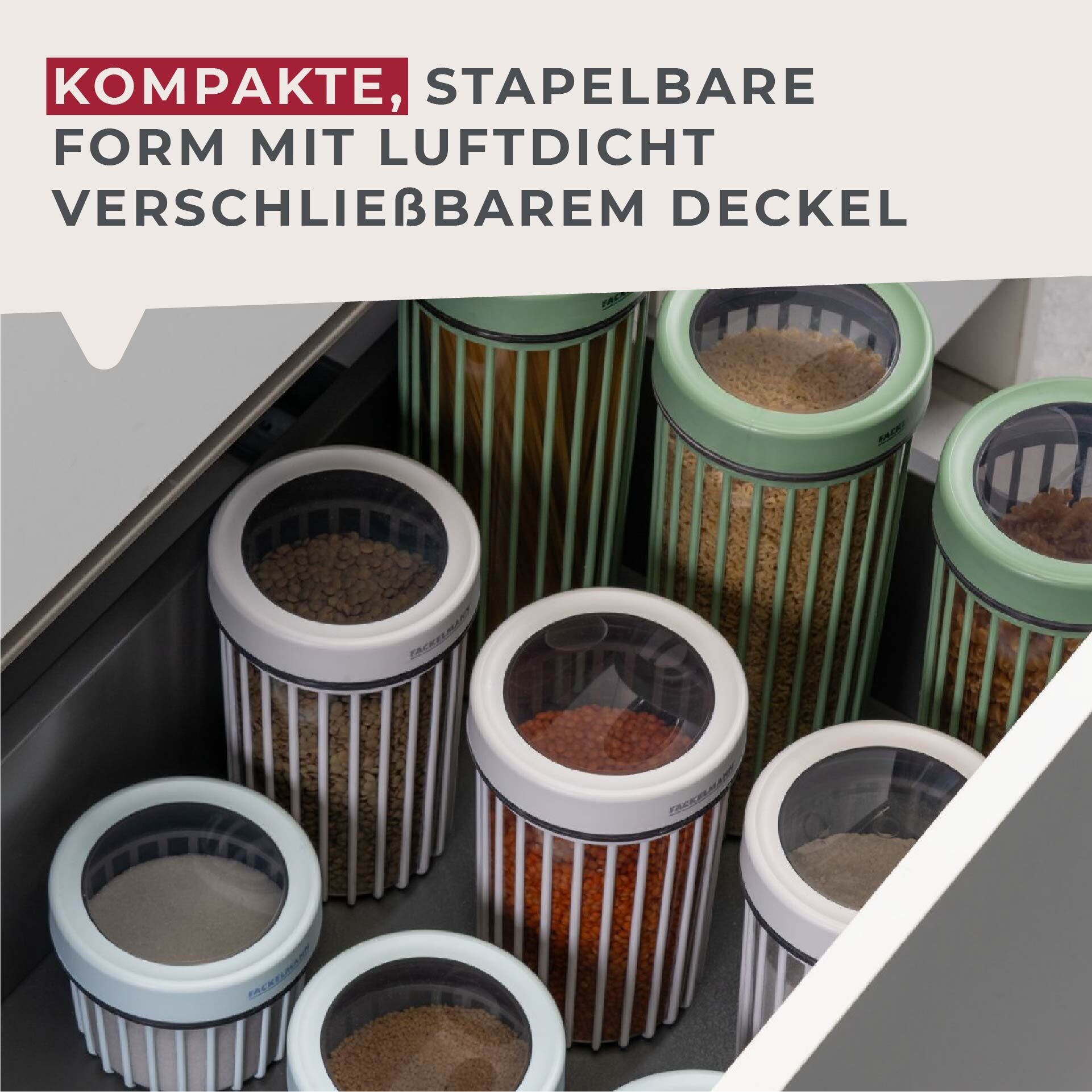 Oppbevaringsboks plast 1,1 L lys beige med lokk med innhold