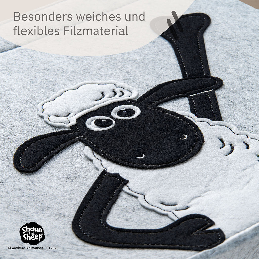 Nærbilde av Shaun-motiv på Oppbevaringsboks Shaun filt 30x30x30 cm polyester