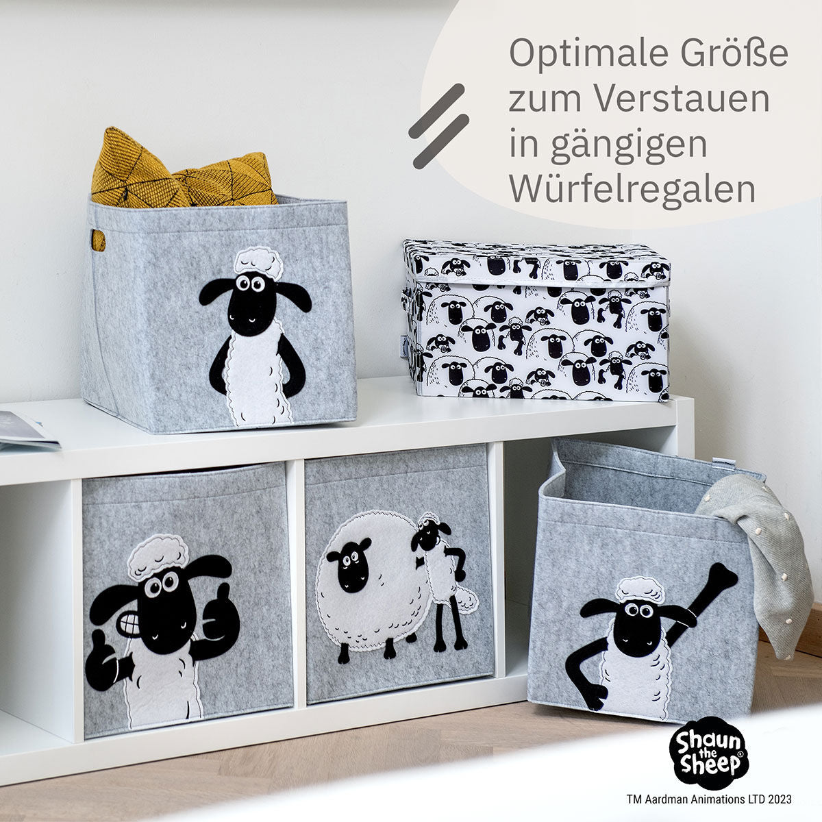 Oppbevaringsboks Shaun med venn filt 33x33x33 cm i barnerom