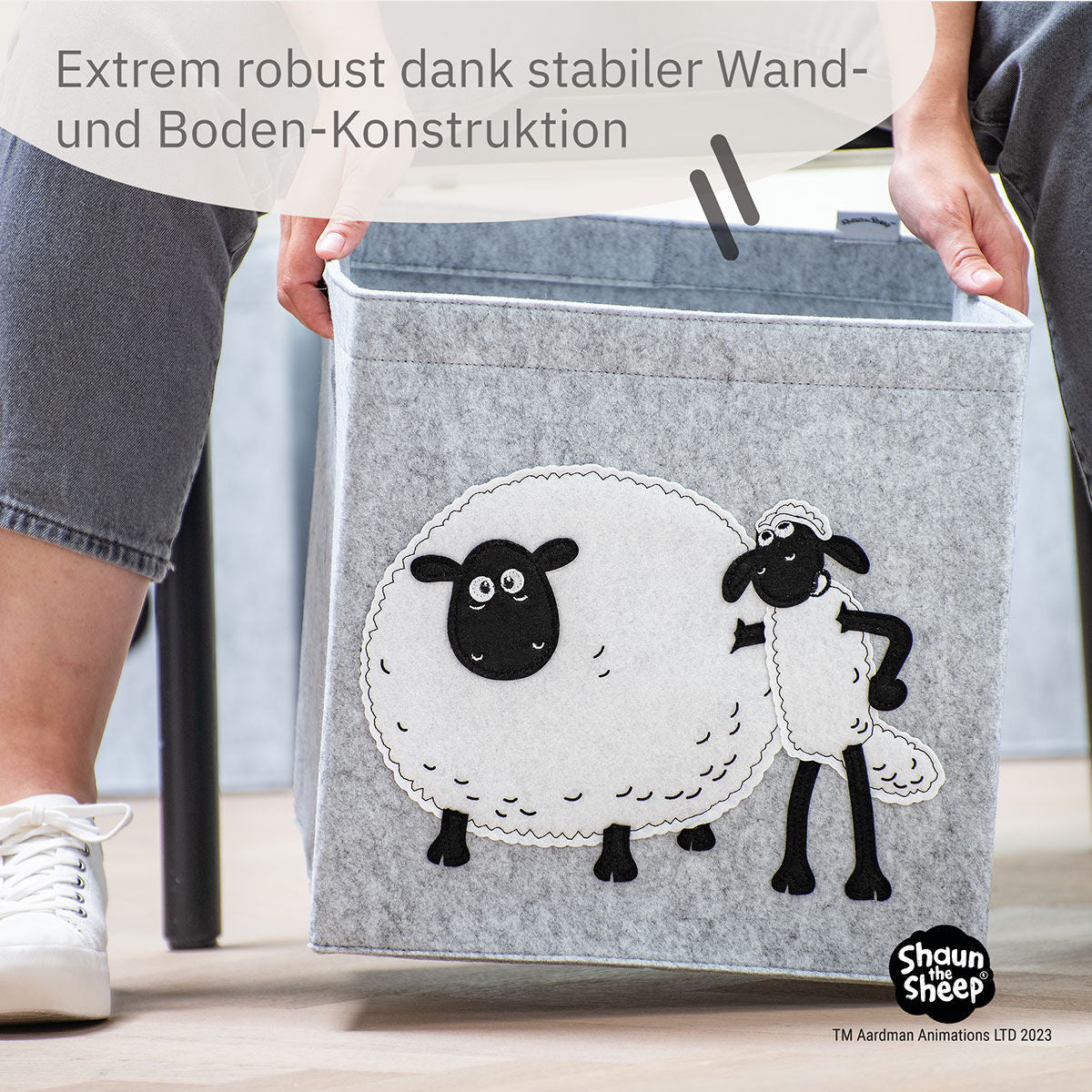 Oppbevaringsboks Shaun med venn filt 33x33x33 cm sideprofil