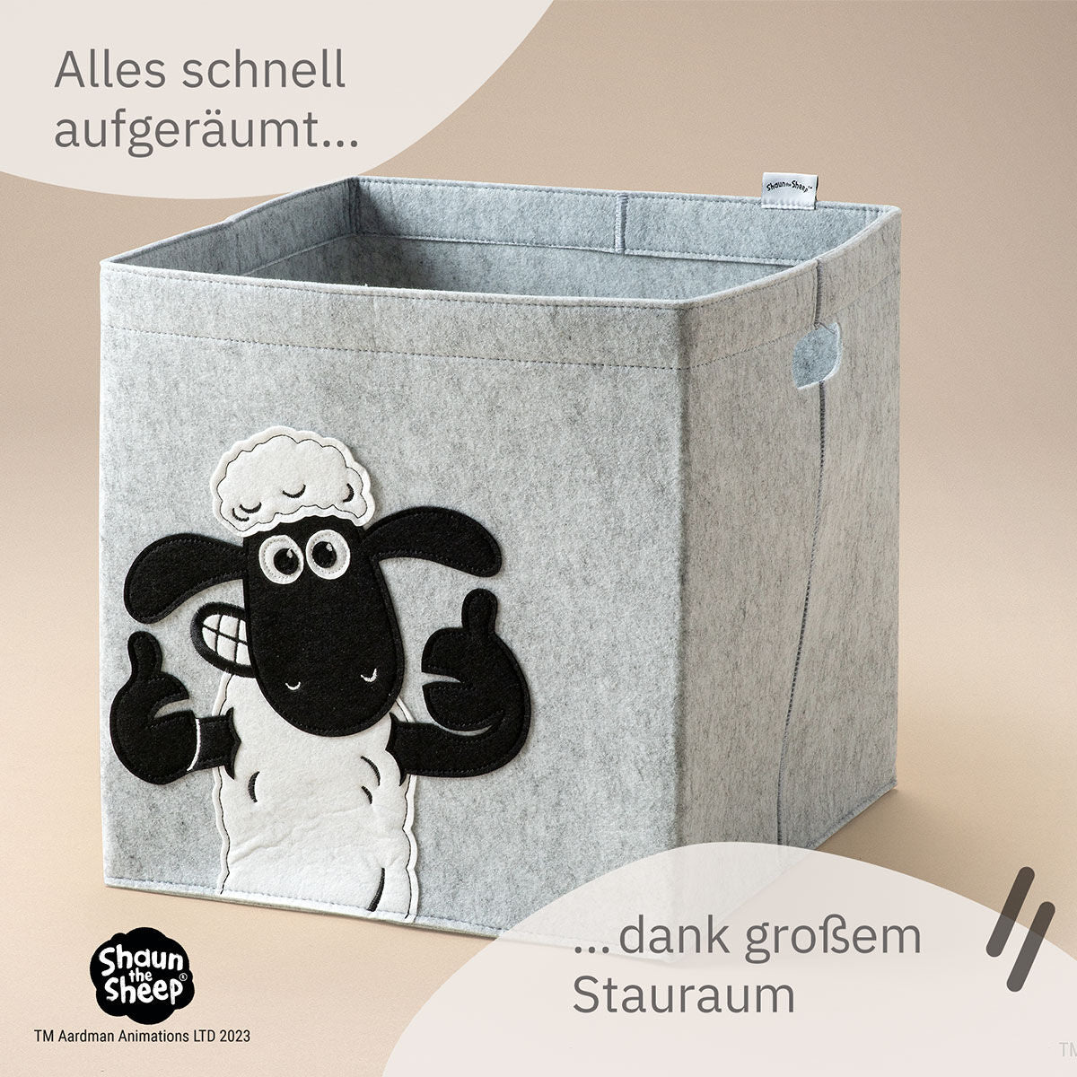 Oppbevaringsboks Shaun tommel opp filt 33x33x33 cm sideprofil
