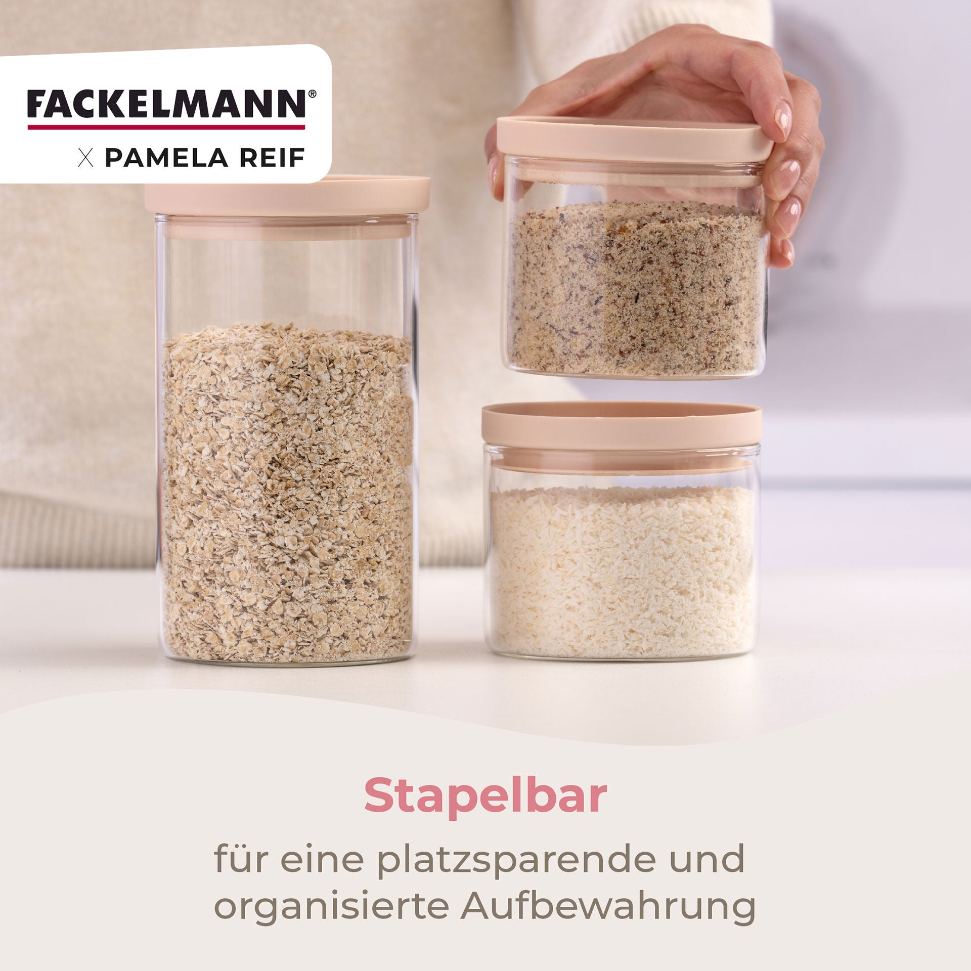 Oppbevaringsglass 500 ml stabelbart glass - Fackelmann med mat inne