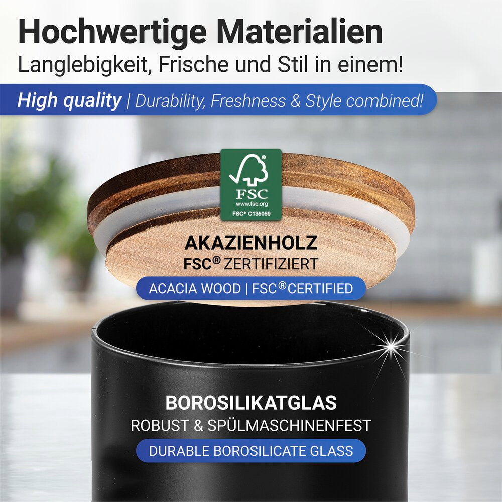 Oppbevaringsglass borosilikat Mio svart 1,0 L montert