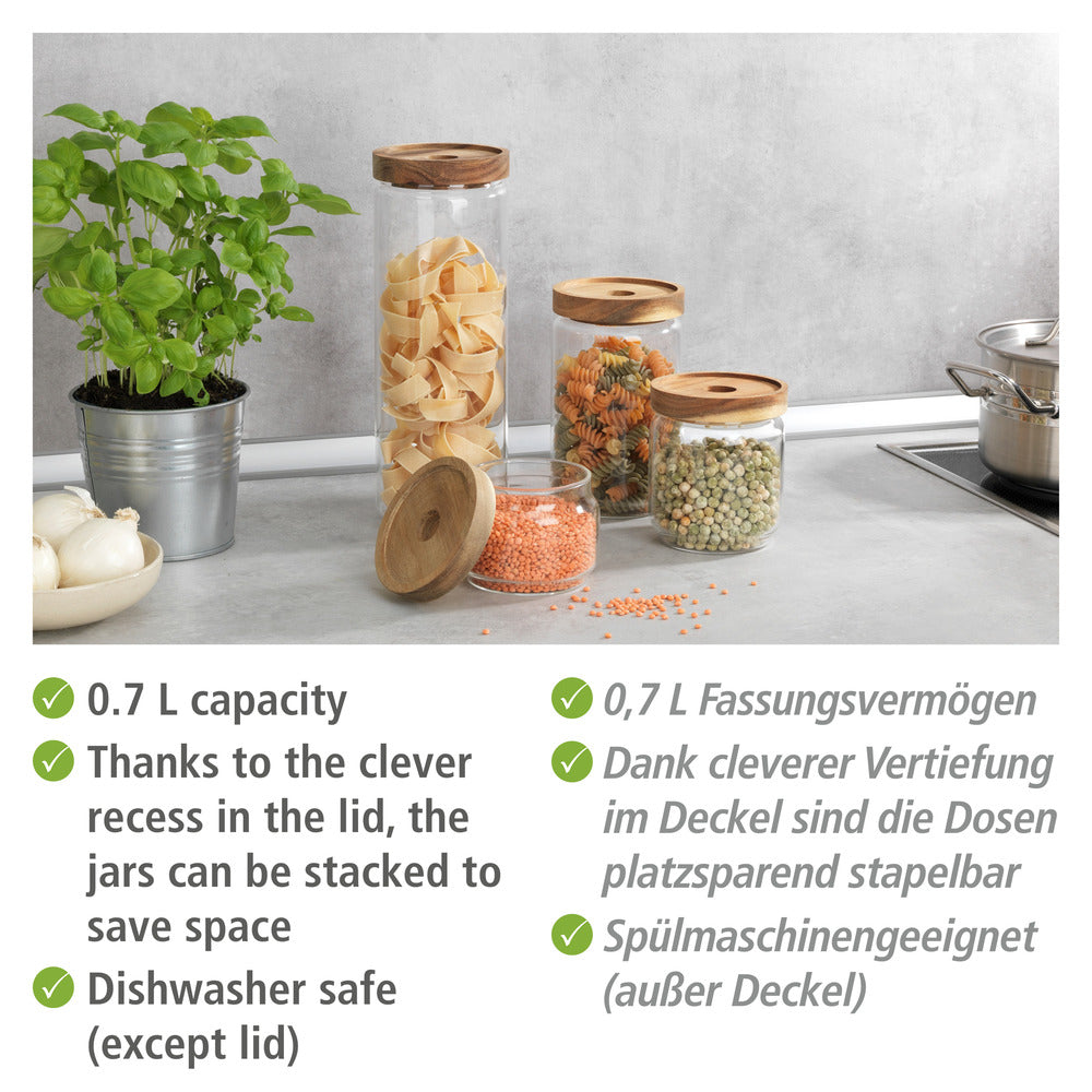 Detalj av lokk i akasietre på Oppbevaringsglass Vido 700 ml