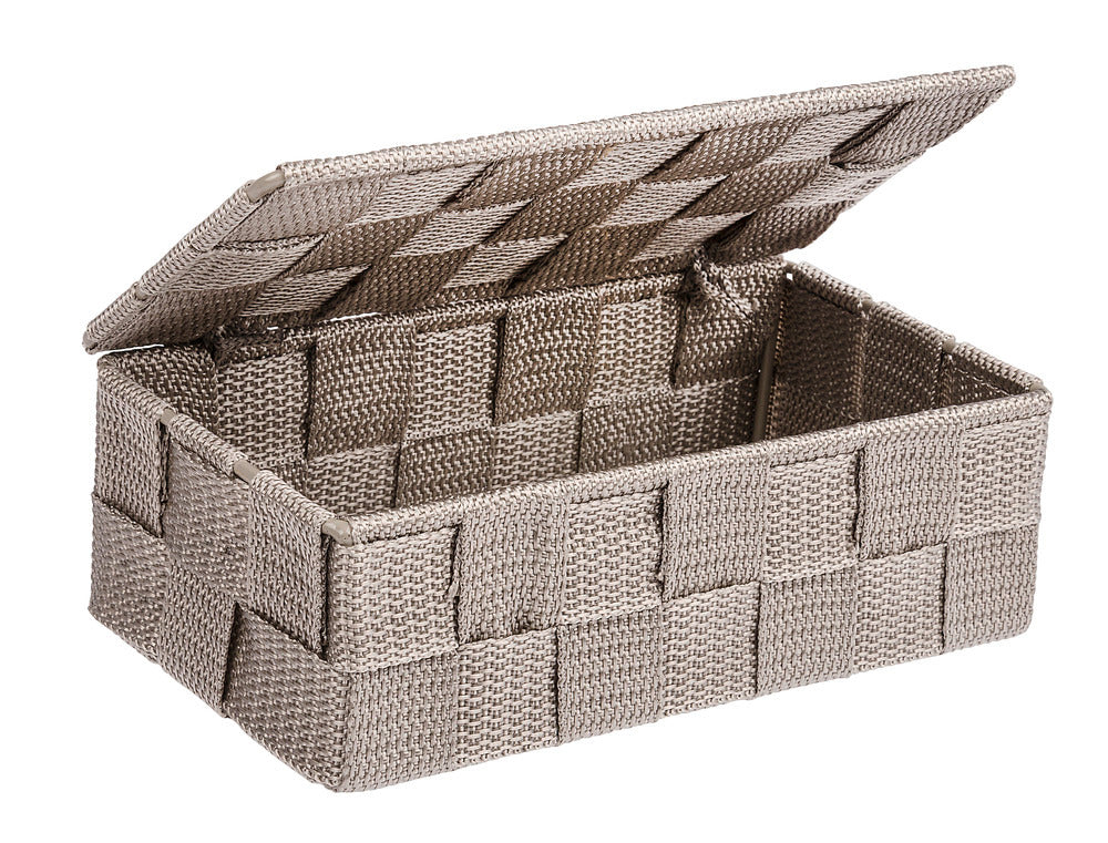 Oppbevaringskurv med lokk Adria taupe mini plastfletting forfra