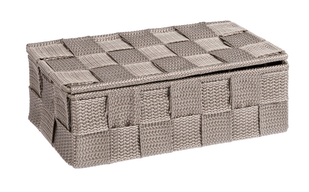 Oppbevaringskurv med lokk Adria taupe mini plastfletting bakside