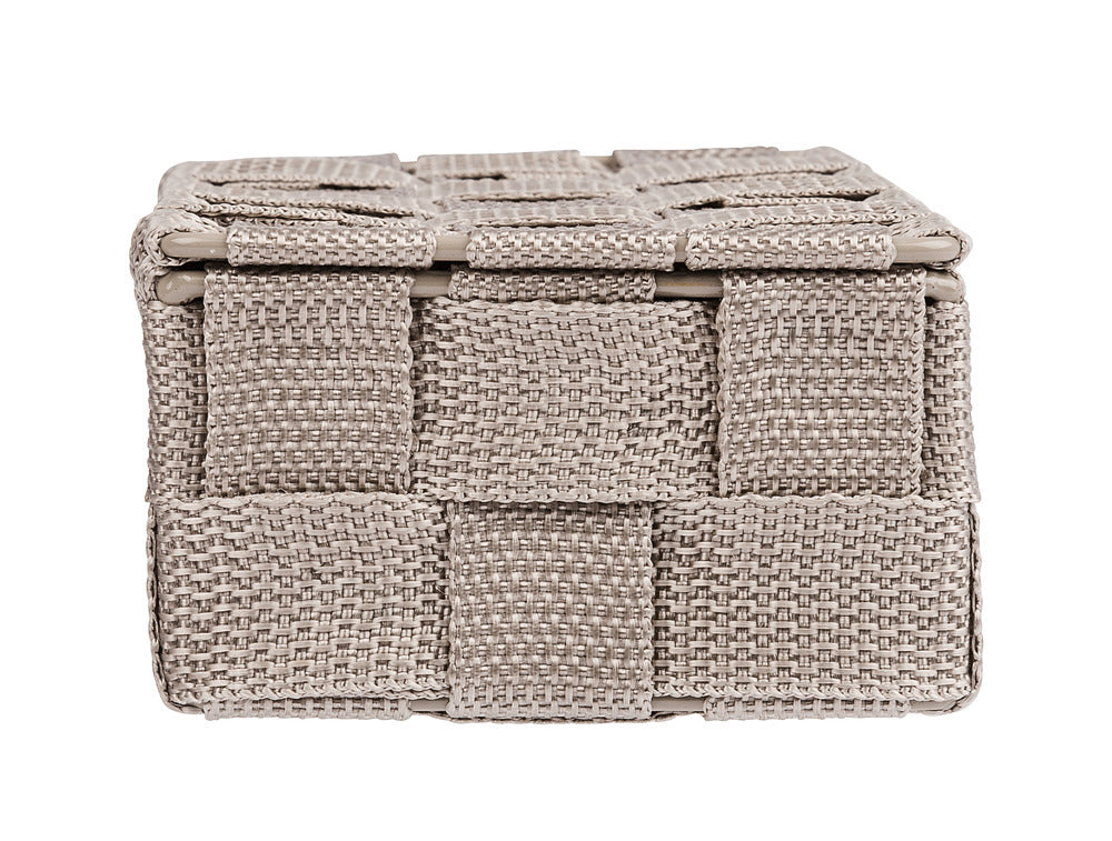 Oppbevaringskurv med lokk Adria taupe mini plastfletting montert i baderom