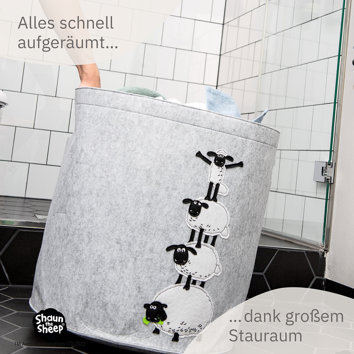 Oppbevaringskurv Shaun og venner filt 43,5x46 cm med tragegrep