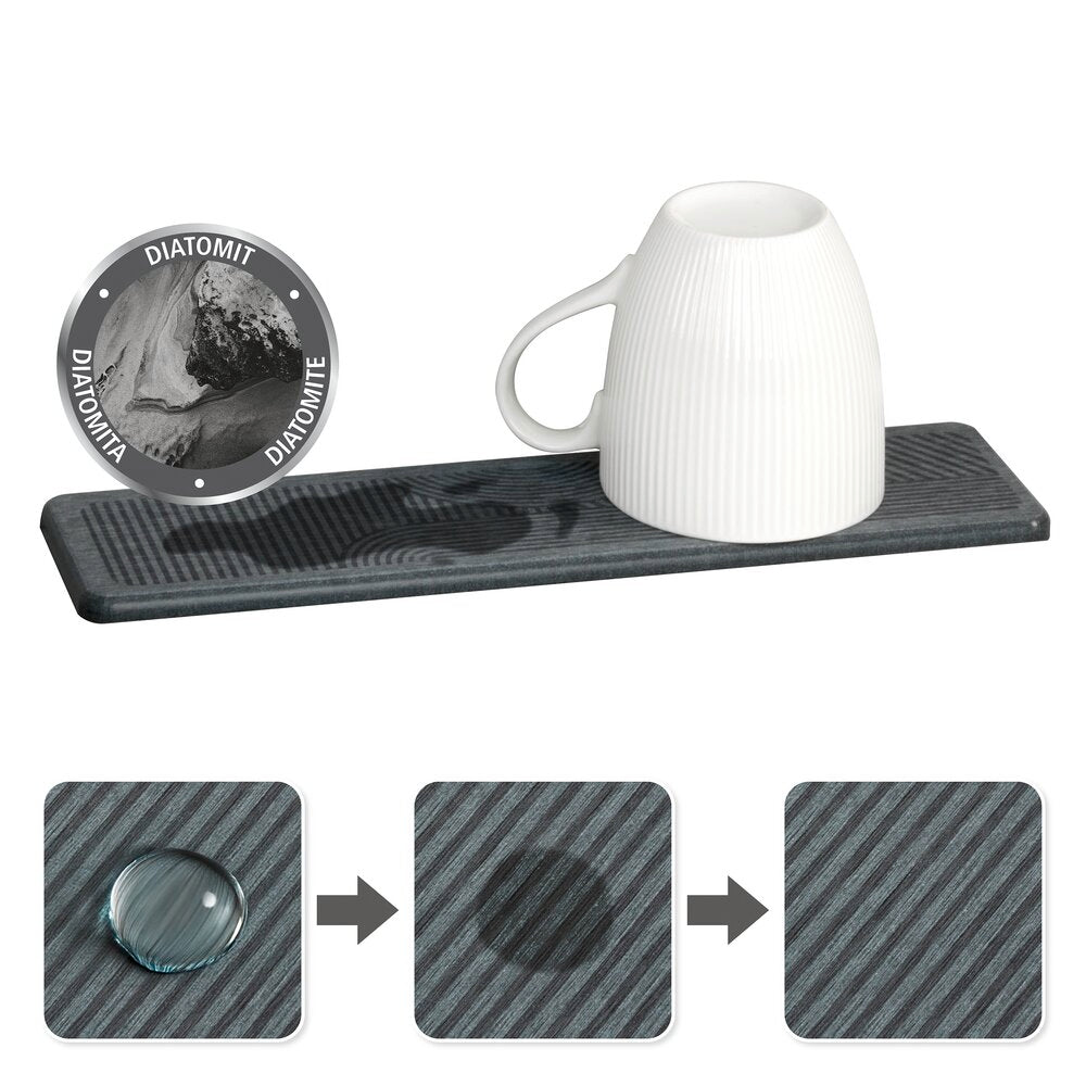 Oppvaskmatte Damon grå diatomitt 30x8 cm hurtigtørkende med kopper