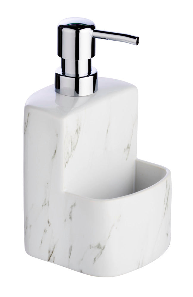 Oppvaskmiddeldispenser keramikk marmor-look soft-touch hvit forfra