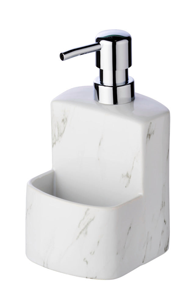 Oppvaskmiddeldispenser keramikk marmor-look soft-touch hvit bakside