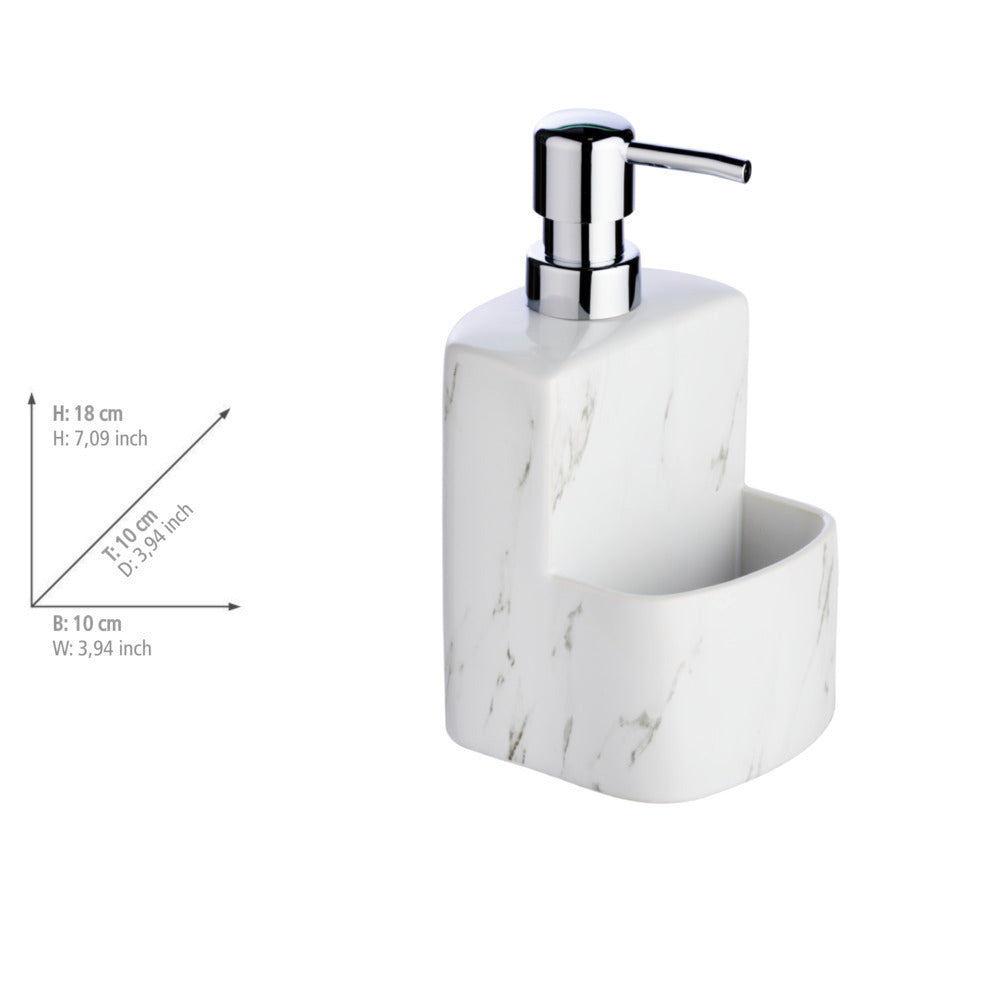 Oppvaskmiddeldispenser keramikk marmor-look soft-touch hvit sideprofil