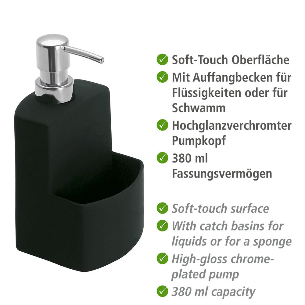 Oppvaskmiddeldispenser keramikk svart med svampholder fra bakside
