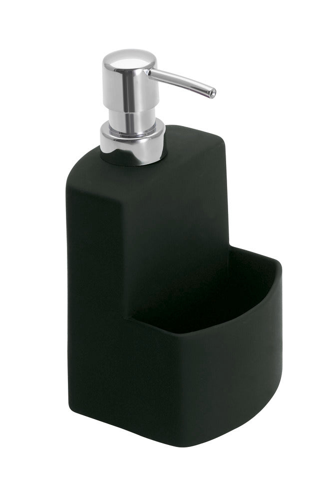 Oppvaskmiddeldispenser keramikk svart med svampholder fra front
