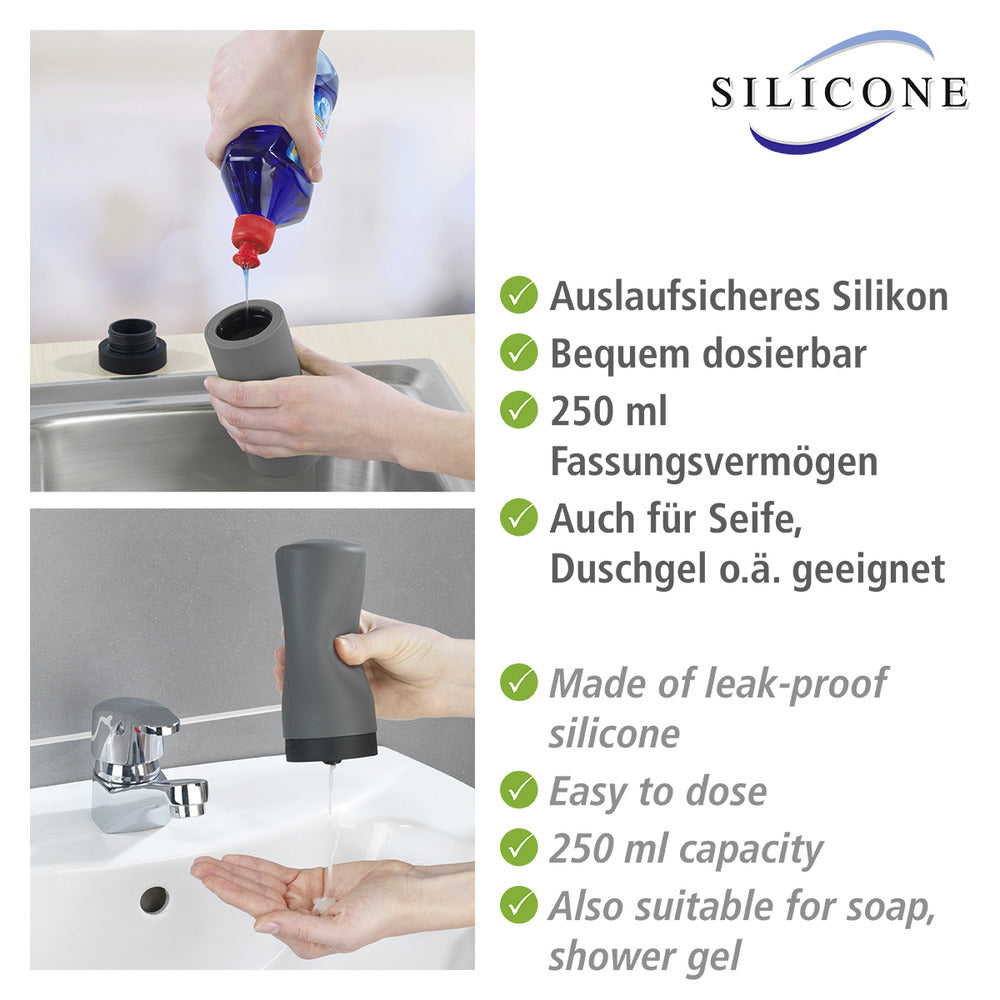 Nærbilde av tuten på Oppvaskmiddeldispenser silikon grå 250 ml Easy Squeez-e